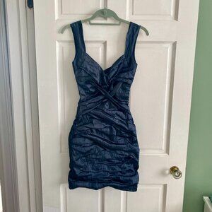 Elegant Nicole Miller ruched cocktail dress in deep blue satin